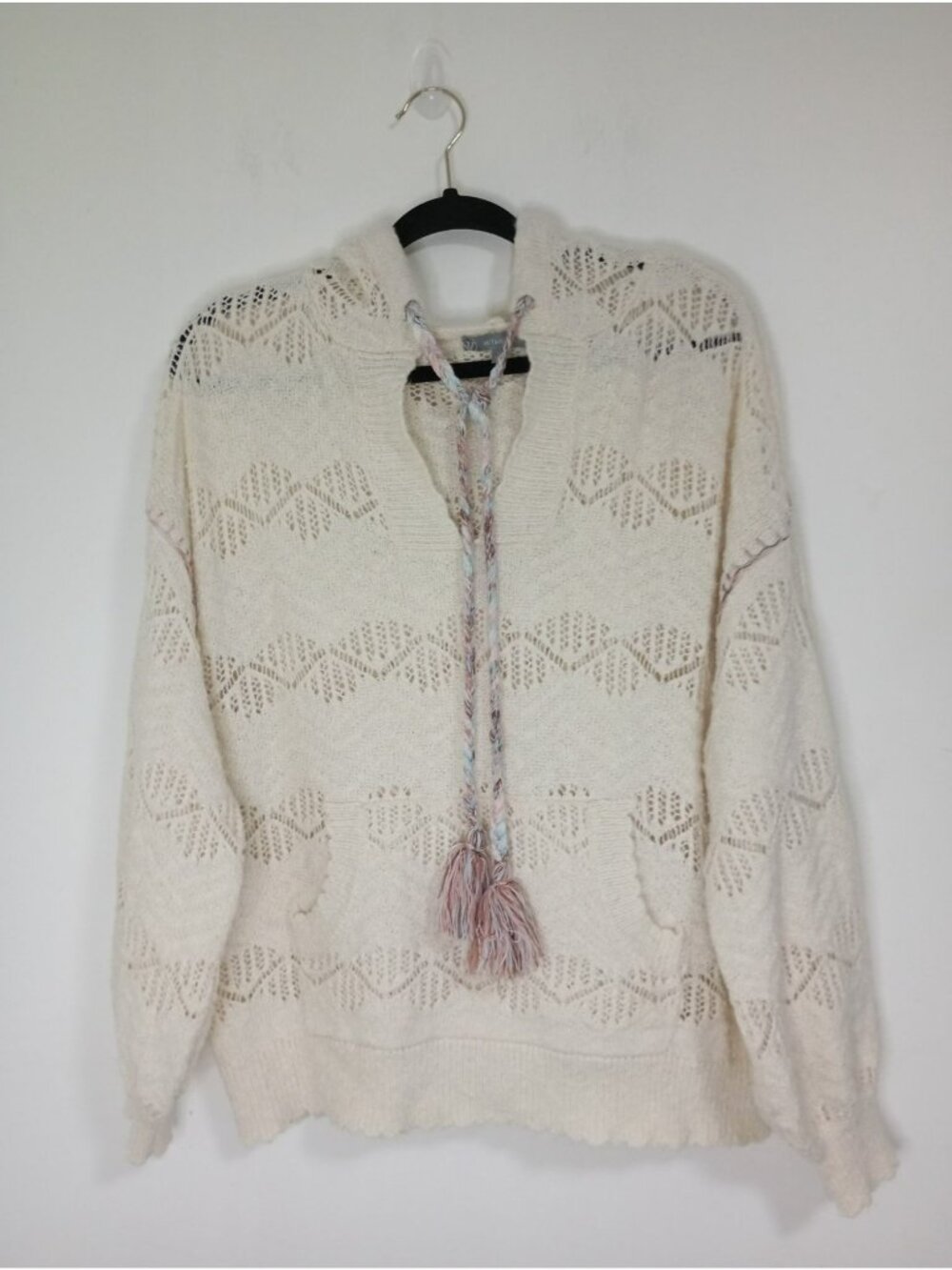 Wit & Wisdom Cream Knit Hoodie With Tassels Womens Size L Cotton Blend